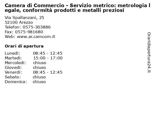 Orari di apertura Camera di Commercio Servizio metrico